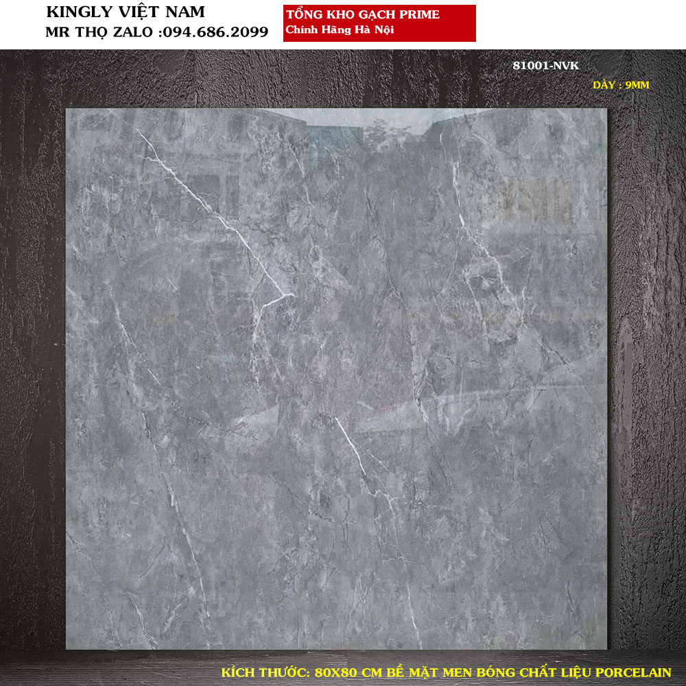 Gạch lát nền Prime 80x80 màu xám ghi bóng 81001 Loại 1